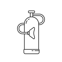 Medical oxygen cylinder tank with mask. Linear icon of gas bottle, balloon. Black illustration. Medic equipment for treatment, relief of breathing. Contour isolated vector pictogram, white background