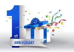 1st years anniversary background with ribbon, confetti and gift on white. Poster or brochure template. Vector illustration.