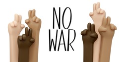 3D Rendering of hands in many color skin gesturing peace sign with text NO WAR isolated on white background banner concept of no war stop fighting save the world. 3D Render illustration cartoon style.