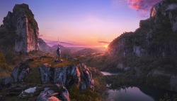 Fantastic sunset landscape with mountains, animals and a little girl (hero) on top of a peak raising a sword