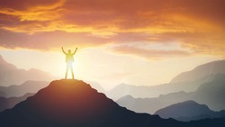 Man standing on edge of mountain feeling victorious with arms up in the air. Success, life goals, achievement concept.