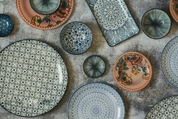Beautiful traditional Moorish porcelain ceramic plates. illustrated middle eastern design. Marrakech Morocco. High quality photo 