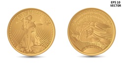 United States Gold Coin Saint-Gaudens double eagle. Antique 20 dollar double eagle gold coin. Vector image. EPS-10. The obverse and reverse sides of the coin are shown.