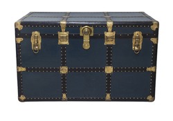 Antique Blue Tin Travel Trunk Steamer Chest Tin Chest Trunk closed isolated on white background