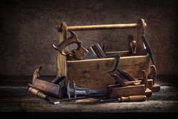 Still life - Old Wooden Tool Box Full of Tools