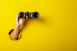 Female hand holds black binoculars on a yellow background. Looking through binoculars, journey, find and search concept