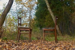 Two old wooden chairs stand opposite each other in a clearing in the forest