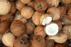 Pile of coconuts  in the food market of  India
