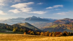 Beautiful mountainous rural landscape in autumn morning. The Mala Fatra national park in northwest of Slovakia, Europe.