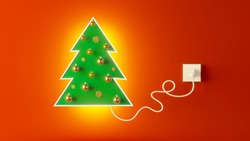 3d rendering Cristmas concept: plugged in socket Luminous Christmas tree on holiday red background. Minimal Christmas creative concept.