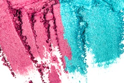 A broken purple and blue eye shadow make up smear palette isolated on a white background. Top view, flat lay.