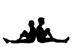 Vector silhouettes man and woman, couple, business people, group, sit, relax, color black, isolated on white background