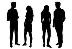 Vector silhouettes man and woman, couple,  business people, group , standing,  black color, isolated on white background