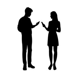 Set of vector silhouettes of  man and a woman, a couple of standing  business people with smart phones, black color isolated on white background