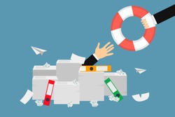 The hand of a man sticking out of a pile of papers another hand is stretching a lifebuoy wanting to help Helping Business to survive Drowning businessman getting  lifeline from another business person