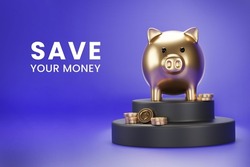 Gold Piggy Bank and Coins on Round Podium, Dark Background. Save your Money, Saving Money Cash Concept. 3D Illustration