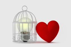 Light bulb in bird cage with free heart - Mind and heart concept