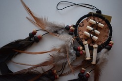 Dreamcatcher with feathers and ornaments Native american legend history bad dreams will be deterred by the bead in the feathers will attract good dreams