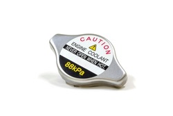 Radiator cap with warning label on white background, isolated, Car maintenance service.