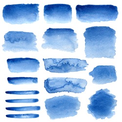 Blue watercolour abstract set on white background