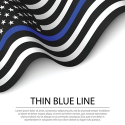 Waving flag of United States with Thin blue line on white background. Banner or ribbon vector template 