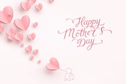 Mother postcard with paper flying elements, man and balloon on pink background. Vector symbols of love in shape of heart for Happy Mother's Day greeting card design.