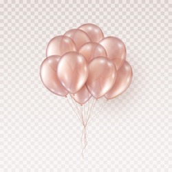 Balloons isolated on transparent background. Vector realistic bunch of helium golden rose birthday balloons template.
