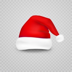 Christmas Santa Claus hat isolated on transparent background. New Year red hat for video chat effects. Vector xmas selfie filter character.