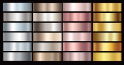 Gold rose, bronze, silver and gold foil texture gradation background set. Vector golden elegant, shiny and metalic gradient collection for chrome border, frame, ribbon, label design