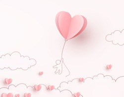 Valentine heart flying balloon with man on pink background. Vector love postcard for Happy Mother's, Valentine's Day or birthday greeting card design.