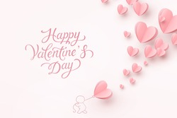 Valentine postcard with paper flying hearts, man and balloon on pink background. Vector symbols of love for Happy Valentine's Day greeting card design.