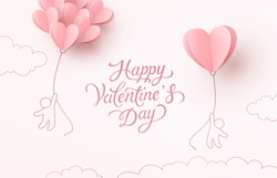 Valentines hearts balloons with people flying on pink background. Vector love postcard for Happy Valentine's Day greeting card design.