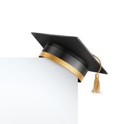 Graduate college, high school or university cap isolated on white background. Vector 3d degree ceremony hat with white paper banner. Black educational student cap and blank frame