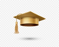 Graduate college, high school or university cap isolated on transparent background. Vector gold 3d degree ceremony hat. Golden educational student symbol 