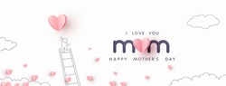 Mother's Day postcard with pink flying elements and man on white sky background. Vector paper symbols of love in shape of heart for greeting card design