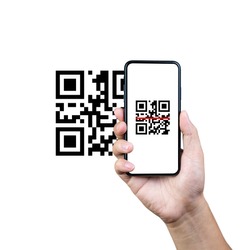Scanning QR code with mobile smart phone. Isolated on white background.
Qr code payment, E wallet , cashless technology concept.