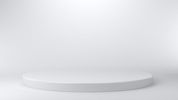 Shiny white round pedestal podium. Abstract high quality 3d concept illuminated pedestal by spotlights on white background. Futuristic background can be add on banners flyers ro web. 3d render.