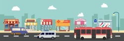 City street and store buildings with bus , minibus on street vector illustration, a flat style design.Business storefront and public bus stop in urban .Public store on main street with cars. 