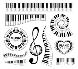 Piano keys decorative design elements. Set of musical vector isolated decorations.