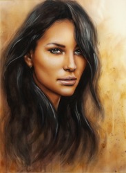 beautiful painting of a young woman face with long dark hair, Indian Vision make up profile portrait