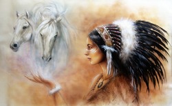 A beautiful airbrush painting of a young native indian woman wearing a gorgeous feather headdress, with an image of two white horse spirits hovering above her palm profile portrait eye contact
