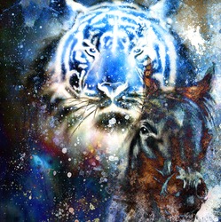  tiger with horse,  collage on color abstract  background,  rust structure, wildlife animals