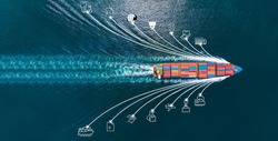 Aerial top view of cargo ship with contrail and smart icons on the ocean sea , ship carrying container export from container international port to custom ocean concept freight shipping by ship service