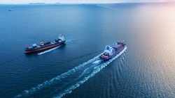 Two cargo large ship running opposite direction concept import export cargo container service and transportation in the ocean logistics and transport trade to custom  forwarder mast