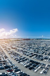 Many new cars parking before shipping to Dealer Customer, Cars shipping to Ro-Ro Ship for import export Freight forwarding , Logistics transportation dealer shipping Cars Export Terminal at Yokohama