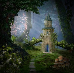 Fantasy castle in the forest. Photomanipulation. 3D rendering