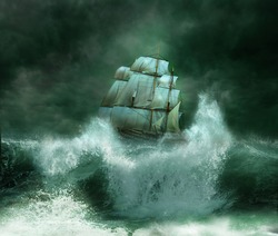  Old ship sailing in the marine thunderstorm