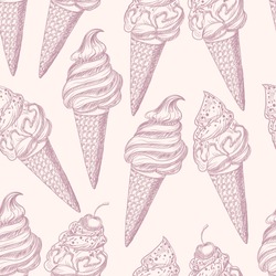 Graphic seamless pattern with ice cream in delicate pink color. Vector illustration.