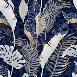 Seamless pattern with white tropical  leaves with gold elements on  blue leopard background. 