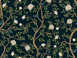 Print with white peonies trees in chinoiserie style. Interior wallpaper